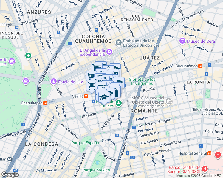 map of restaurants, bars, coffee shops, grocery stores, and more near 360 Avenida Chapultepec in Ciudad de México