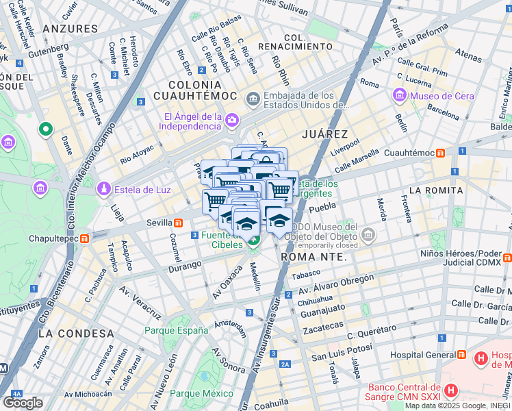 map of restaurants, bars, coffee shops, grocery stores, and more near 360 Avenida Chapultepec in Ciudad de México