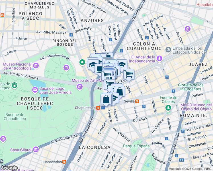 map of restaurants, bars, coffee shops, grocery stores, and more near 509 Avenida Paseo de la Reforma in Ciudad de México