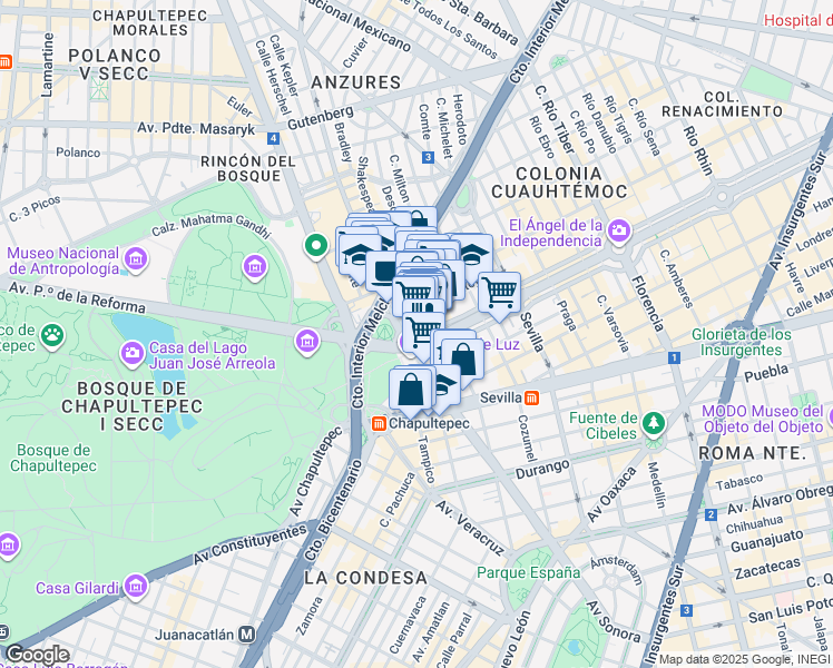 map of restaurants, bars, coffee shops, grocery stores, and more near 509 Avenida Paseo de la Reforma in Ciudad de México