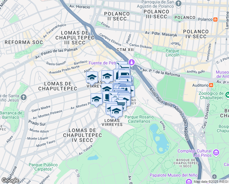 map of restaurants, bars, coffee shops, grocery stores, and more near 250 Prado Sur in Mexico City