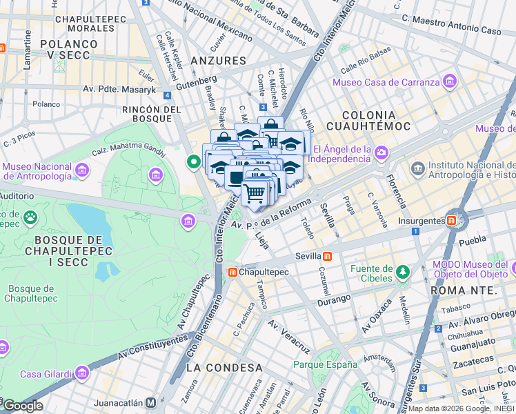 map of restaurants, bars, coffee shops, grocery stores, and more near 505 Avenida Paseo de la Reforma in Ciudad de México