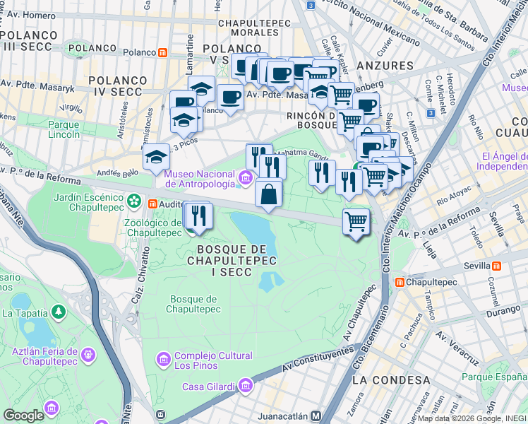 map of restaurants, bars, coffee shops, grocery stores, and more near 101 Avenida Paseo de la Reforma in Ciudad de México