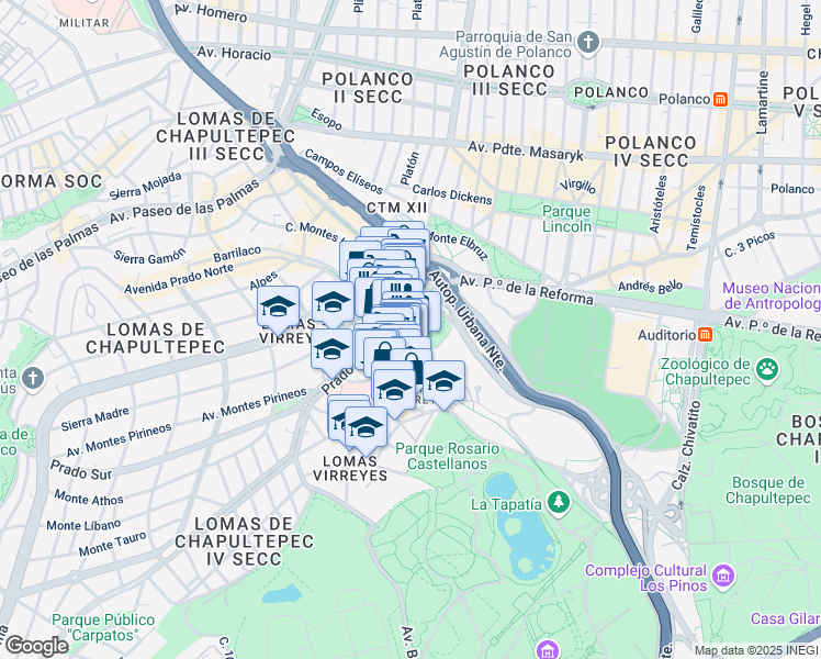 map of restaurants, bars, coffee shops, grocery stores, and more near 24 Pedregal in Ciudad de México