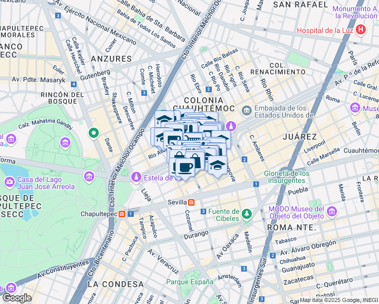 map of restaurants, bars, coffee shops, grocery stores, and more near 222 Avenida Paseo de la Reforma in Ciudad de México