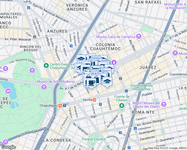 map of restaurants, bars, coffee shops, grocery stores, and more near 222 Avenida Paseo de la Reforma in Ciudad de México