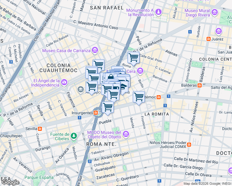 map of restaurants, bars, coffee shops, grocery stores, and more near 77 Liverpool in Ciudad de México