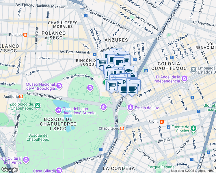 map of restaurants, bars, coffee shops, grocery stores, and more near 526 General Mariano Escobedo in Ciudad de México