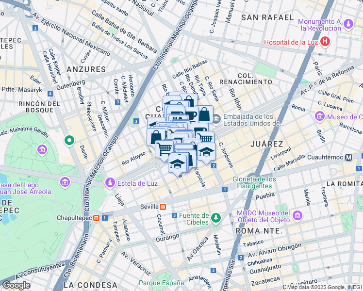 map of restaurants, bars, coffee shops, grocery stores, and more near 265 Paseo de la Reforma in Ciudad de México