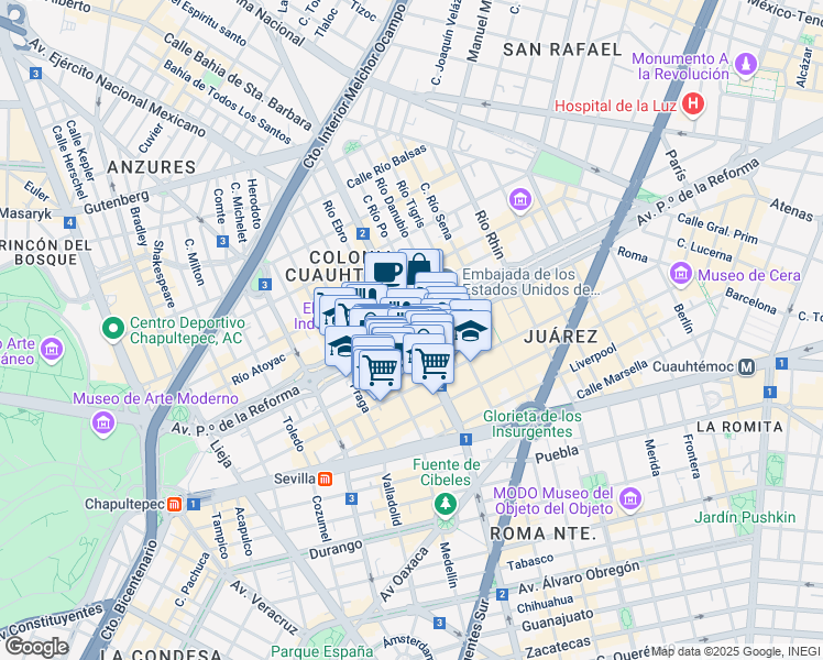 map of restaurants, bars, coffee shops, grocery stores, and more near Avenida Paseo de la Reforma in Ciudad de México