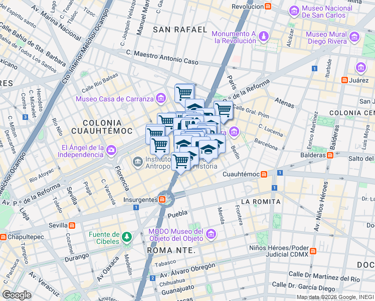 map of restaurants, bars, coffee shops, grocery stores, and more near 64 Insurgentes Norte in Ciudad de México