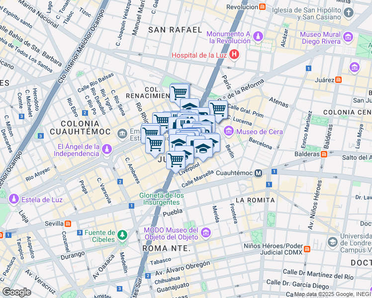 map of restaurants, bars, coffee shops, grocery stores, and more near in Mexico City