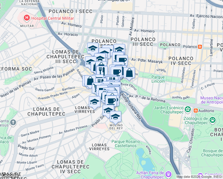 map of restaurants, bars, coffee shops, grocery stores, and more near 115 Avenida Paseo de la Reforma in Ciudad de México