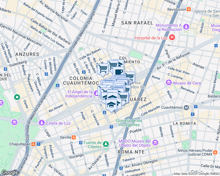 map of restaurants, bars, coffee shops, grocery stores, and more near 297 Avenida Paseo de la Reforma in Ciudad de México