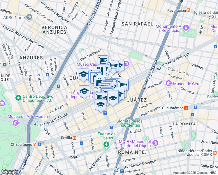 map of restaurants, bars, coffee shops, grocery stores, and more near 297 Avenida Paseo de la Reforma in Ciudad de México