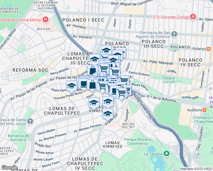 map of restaurants, bars, coffee shops, grocery stores, and more near 445 Calle Montes Urales in Ciudad de México