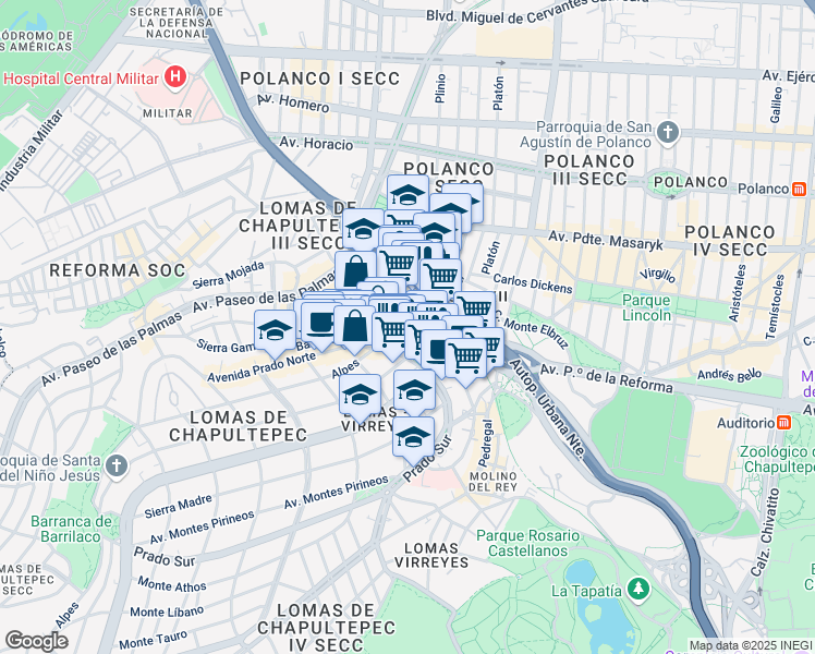 map of restaurants, bars, coffee shops, grocery stores, and more near 445 Calle Montes Urales in Ciudad de México