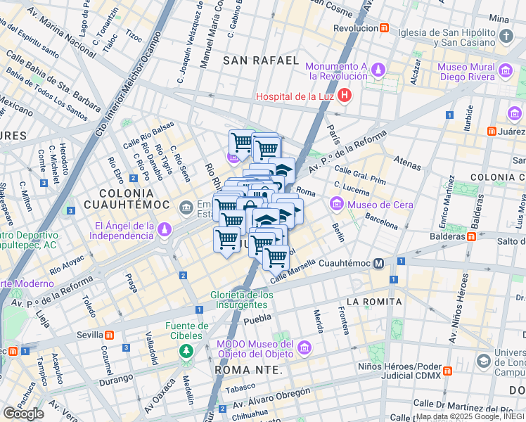 map of restaurants, bars, coffee shops, grocery stores, and more near 222 Paseo de la Reforma in Ciudad de México