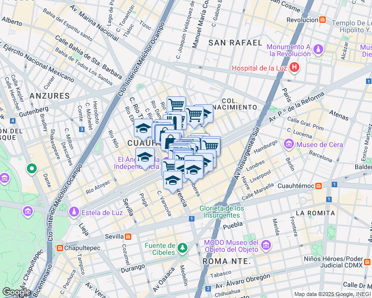 map of restaurants, bars, coffee shops, grocery stores, and more near 297 Avenida Paseo de la Reforma in Ciudad de México