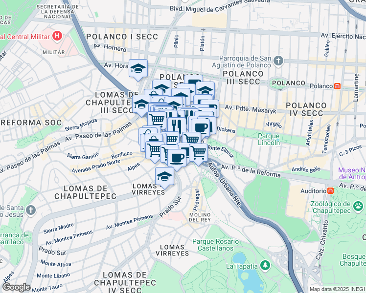 map of restaurants, bars, coffee shops, grocery stores, and more near 20 Avenida F. C. de Cuernavaca in Ciudad de México