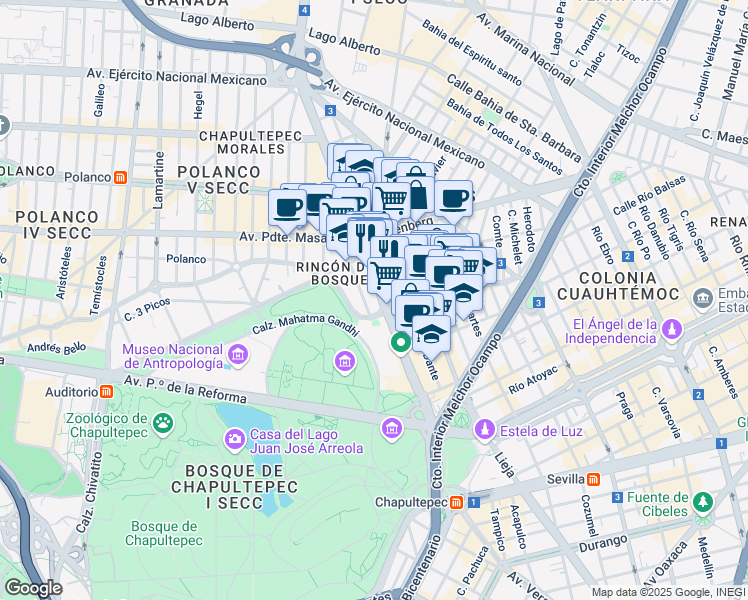 map of restaurants, bars, coffee shops, grocery stores, and more near 595 Calzada General Mariano Escobedo in Ciudad de México