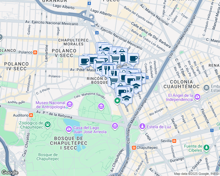 map of restaurants, bars, coffee shops, grocery stores, and more near 595 Calzada General Mariano Escobedo in Ciudad de México