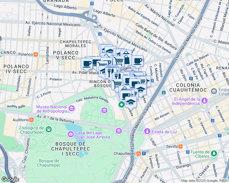 map of restaurants, bars, coffee shops, grocery stores, and more near 595 Calzada General Mariano Escobedo in Ciudad de México