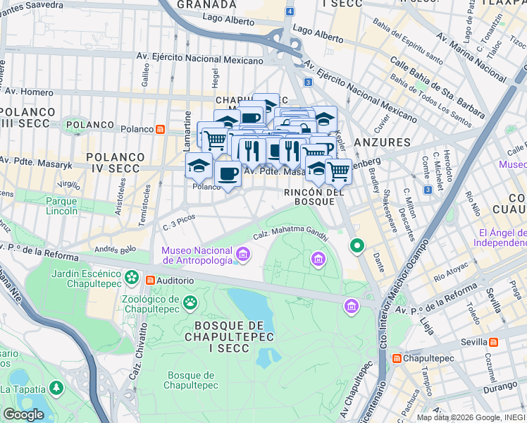 map of restaurants, bars, coffee shops, grocery stores, and more near 115 Rubén Darío in Ciudad de México