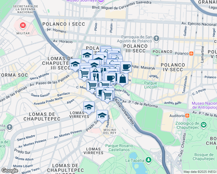 map of restaurants, bars, coffee shops, grocery stores, and more near 1 Periférico Boulevard Manuel Ávila Camacho in Ciudad de México