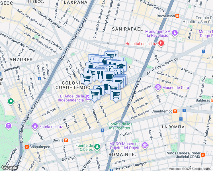 map of restaurants, bars, coffee shops, grocery stores, and more near 265 Avenida Paseo de la Reforma in Ciudad de México