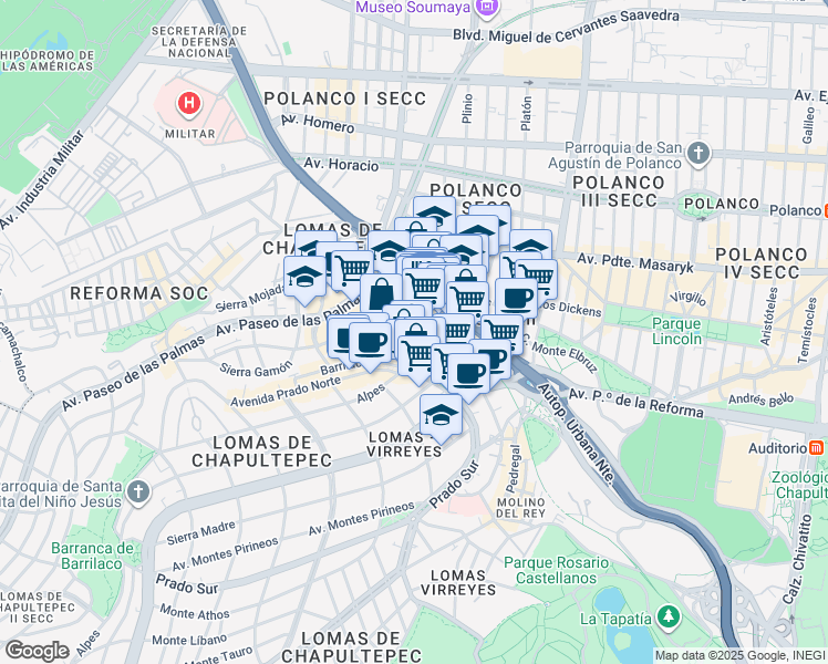 map of restaurants, bars, coffee shops, grocery stores, and more near 150 Volcán in Ciudad de México