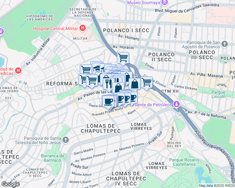 map of restaurants, bars, coffee shops, grocery stores, and more near 340 Avenida Paseo de las Palmas in Ciudad de México