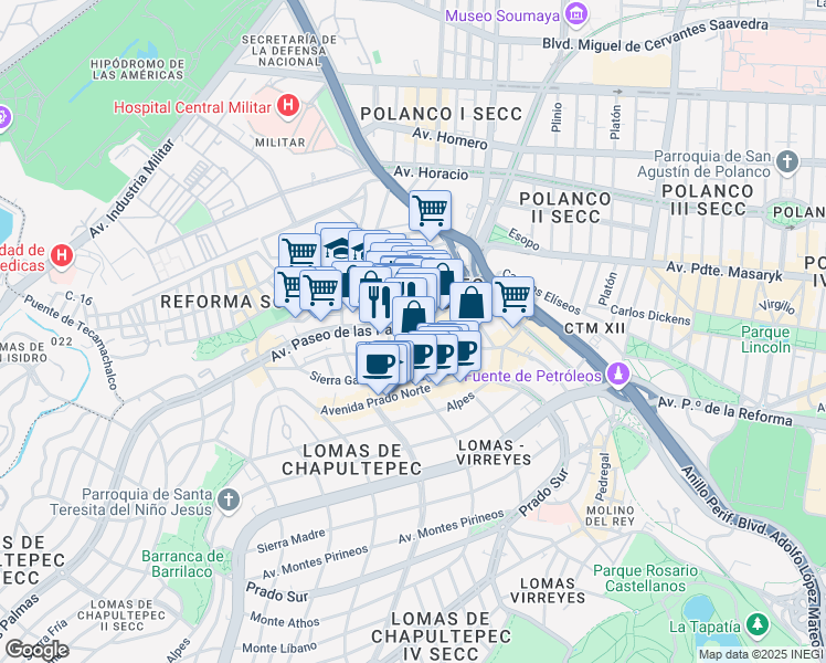 map of restaurants, bars, coffee shops, grocery stores, and more near 340 Avenida Paseo de las Palmas in Ciudad de México
