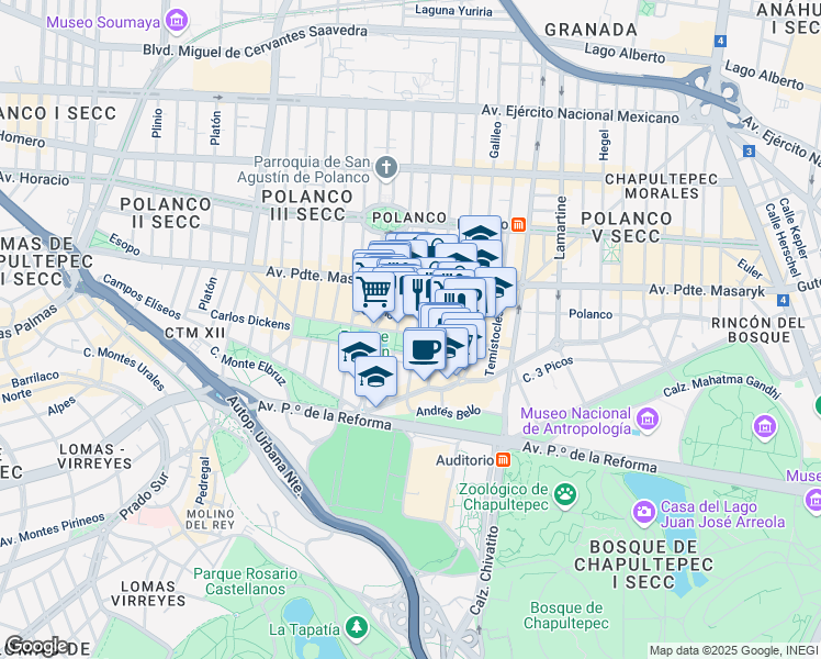 map of restaurants, bars, coffee shops, grocery stores, and more near 75 Avenida Emilio Castelar in Ciudad de México