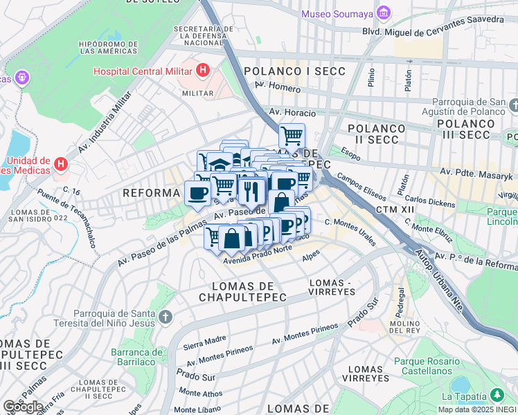 map of restaurants, bars, coffee shops, grocery stores, and more near 525 Avenida Paseo de las Palmas in Ciudad de México