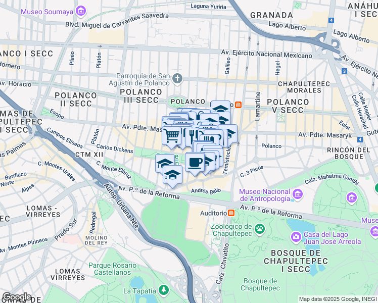 map of restaurants, bars, coffee shops, grocery stores, and more near 75 Avenida Emilio Castelar in Ciudad de México