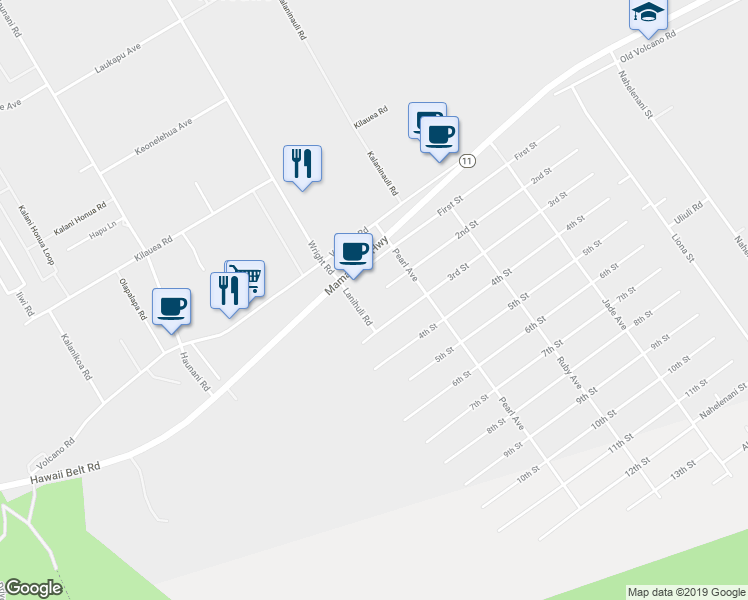 map of restaurants, bars, coffee shops, grocery stores, and more near 11-3966 Lanihuli Road in Hilo