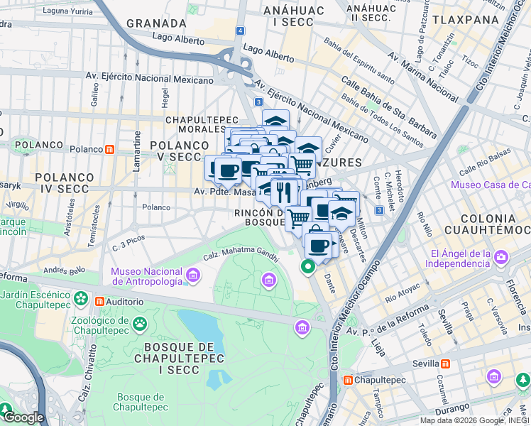map of restaurants, bars, coffee shops, grocery stores, and more near 115 Rubén Darío in Ciudad de México