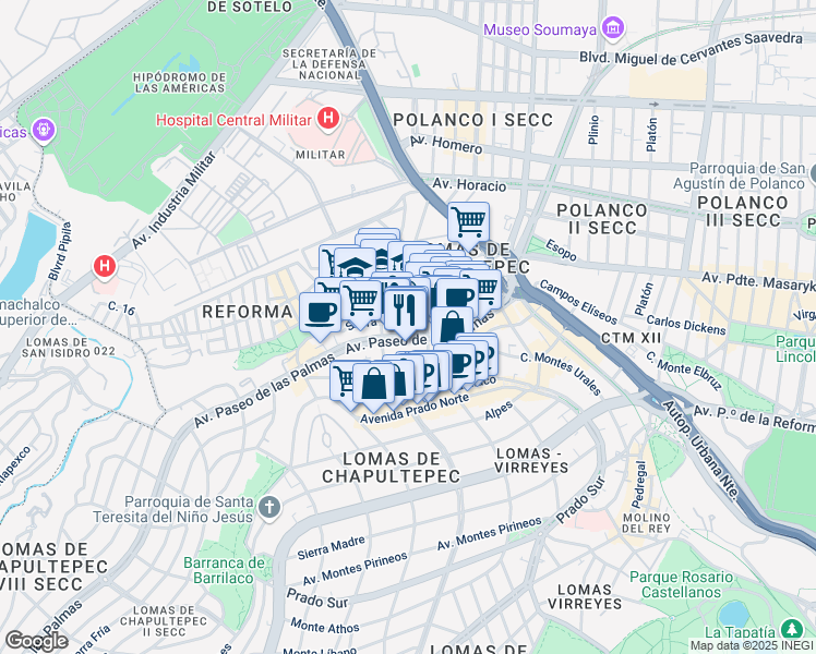 map of restaurants, bars, coffee shops, grocery stores, and more near 525 Avenida Paseo de las Palmas in Ciudad de México