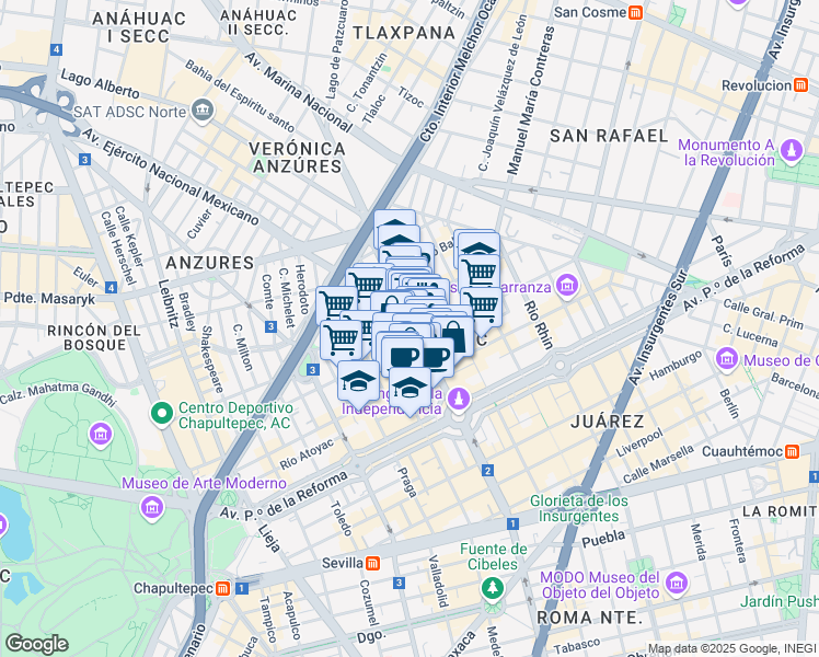 map of restaurants, bars, coffee shops, grocery stores, and more near 75a Calle Río Tiber in Ciudad de México