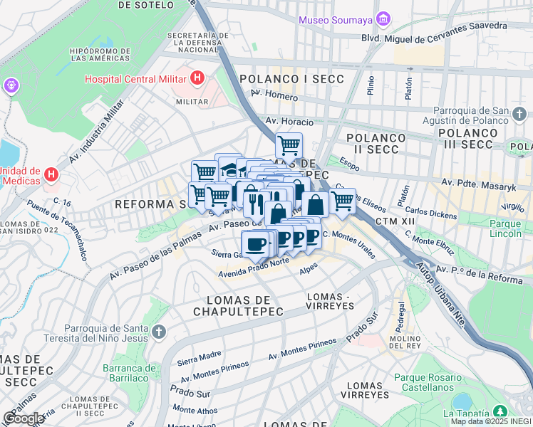 map of restaurants, bars, coffee shops, grocery stores, and more near 425 Avenida Paseo de las Palmas in Ciudad de México