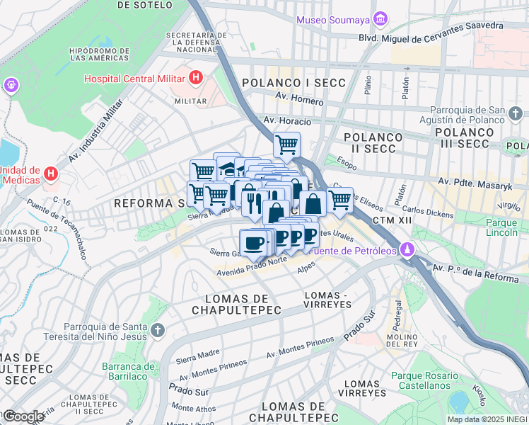 map of restaurants, bars, coffee shops, grocery stores, and more near 425 Avenida Paseo de las Palmas in Ciudad de México