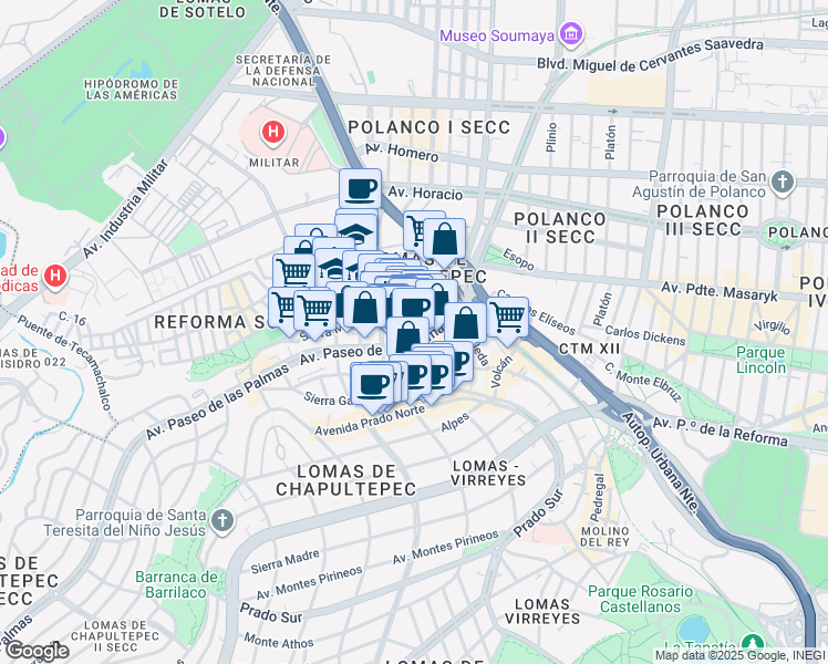 map of restaurants, bars, coffee shops, grocery stores, and more near 275 Avenida Paseo de las Palmas in Ciudad de México