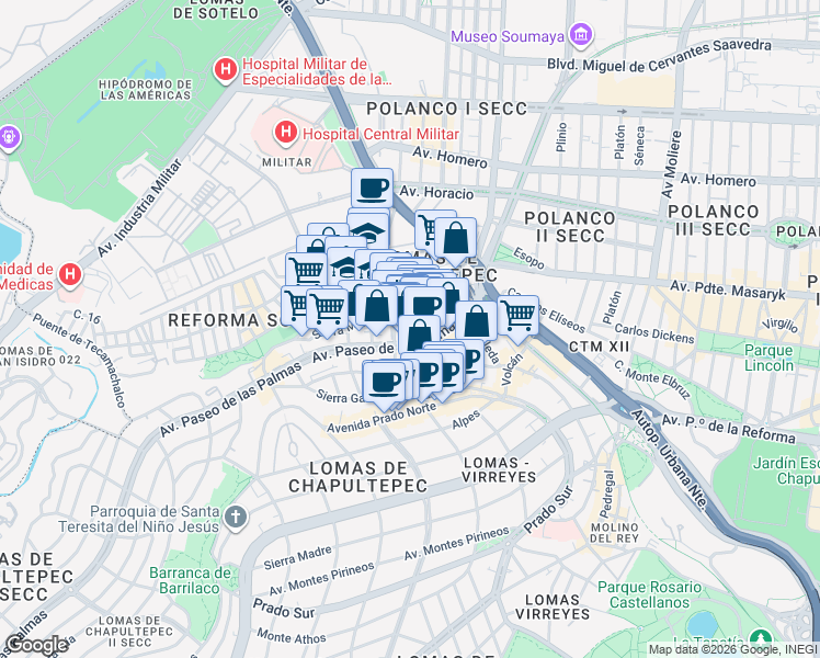 map of restaurants, bars, coffee shops, grocery stores, and more near 405 Avenida Paseo de las Palmas in Ciudad de México