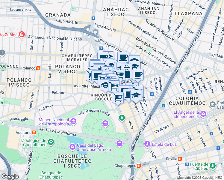 map of restaurants, bars, coffee shops, grocery stores, and more near 526 General Mariano Escobedo in Ciudad de México