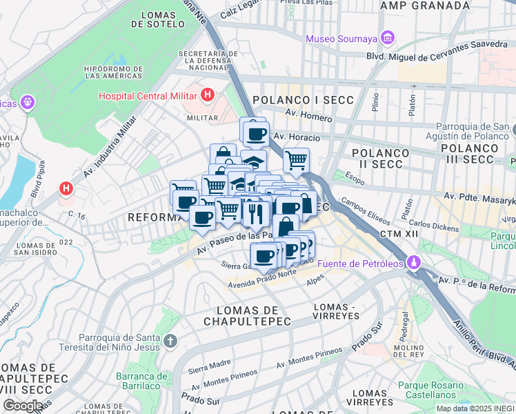 map of restaurants, bars, coffee shops, grocery stores, and more near 64 Avenida Paseo de la Reforma in Mexico City