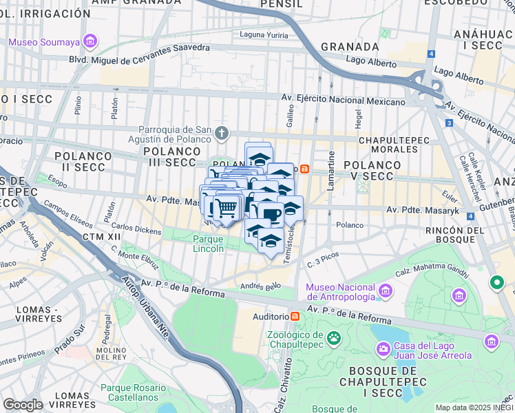 map of restaurants, bars, coffee shops, grocery stores, and more near Avenida Presidente Masaryk in Ciudad de México