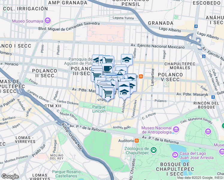 map of restaurants, bars, coffee shops, grocery stores, and more near 123 Alejandro Dumas in Ciudad de México