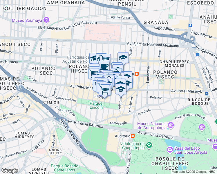 map of restaurants, bars, coffee shops, grocery stores, and more near 123 Alejandro Dumas in Ciudad de México
