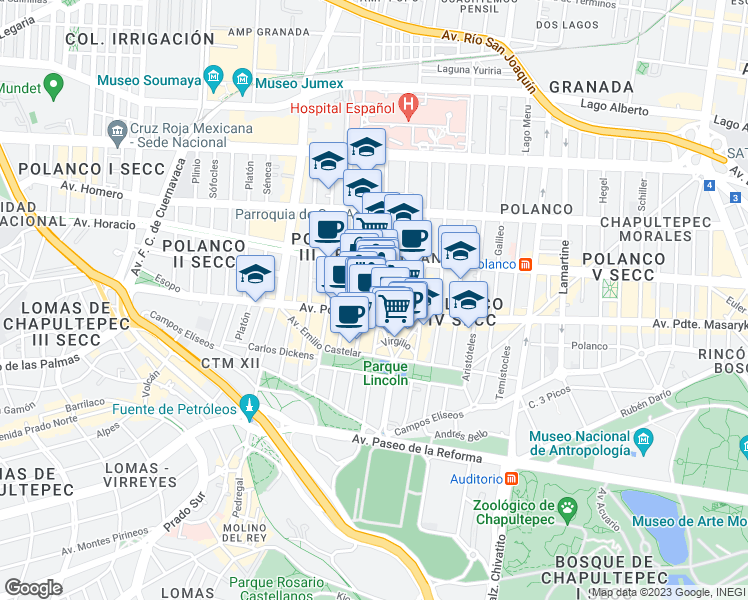 map of restaurants, bars, coffee shops, grocery stores, and more near 120 Anatole France in Ciudad de México